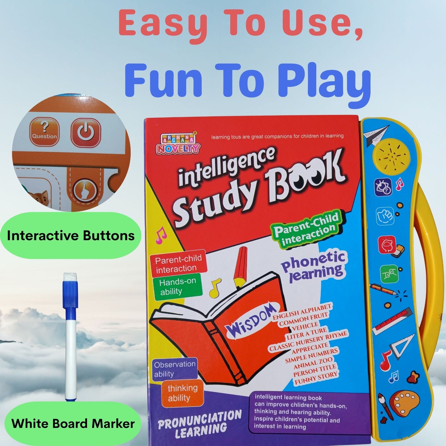 Intelligence Study Book with interactive buttons and whiteboard marker on a blue background